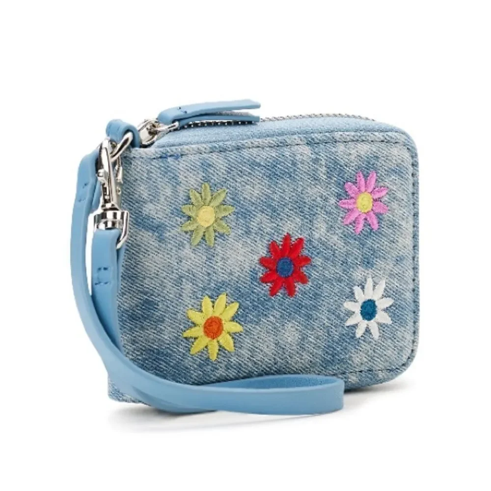 Women's Blue Washed Denim Flower Embroidered Wristlet Wallet Bag Purse